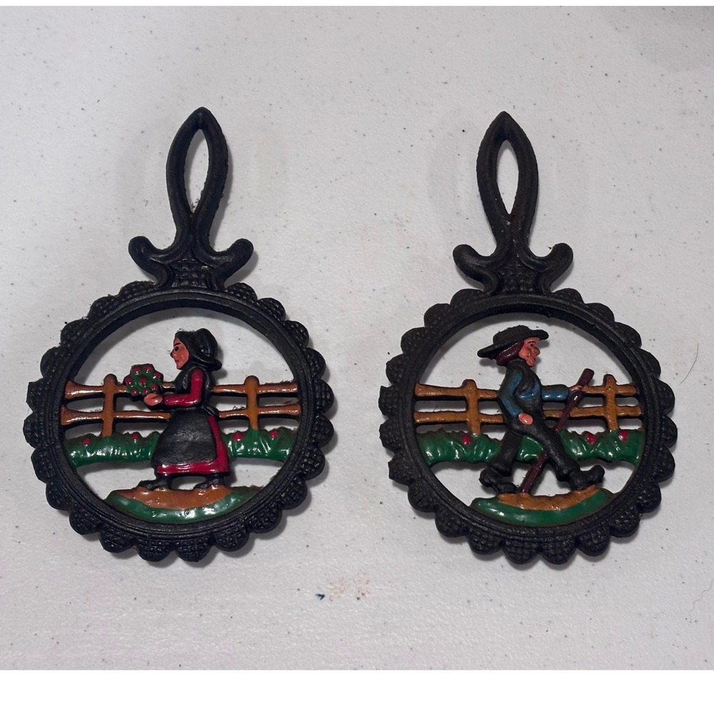 Vintage Dalecraft Cast Iron Trivet Set Amish Fence Scene Boy Girl Hand Painted